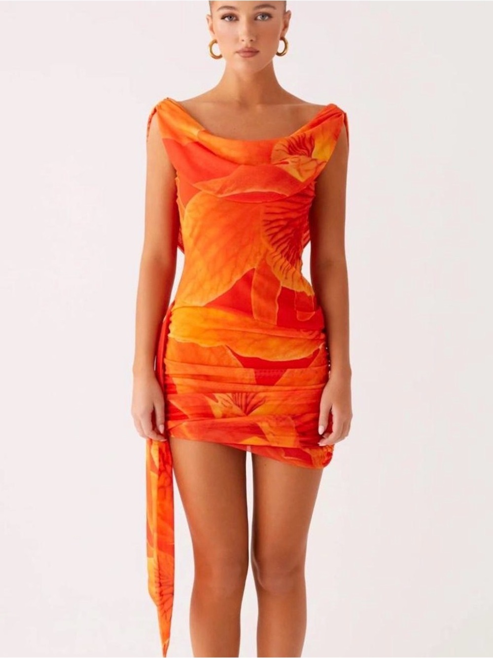Peppermayo Orange and Yellow Floral Cowl Neck Mini Dress